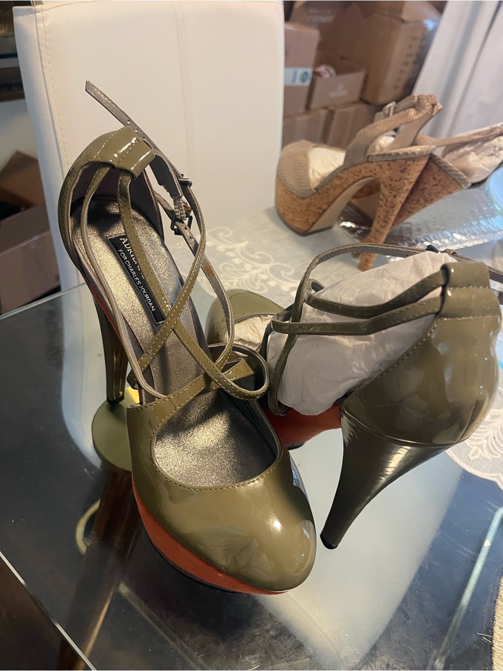 Patent Olive Green Platform High Heels with Ankle Straps